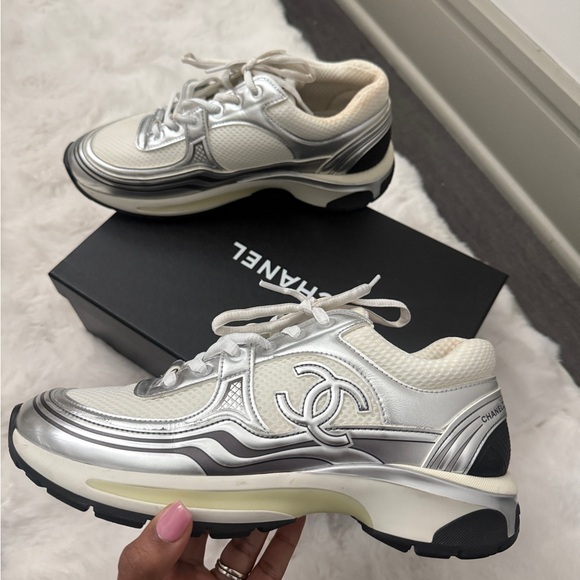 CHANEL Women's Sneakers in White and Silver - Picture 1 of 5